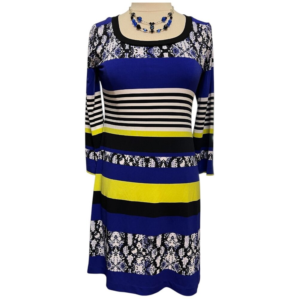 Striped Calvin Klein blue, black, white and yellow dress